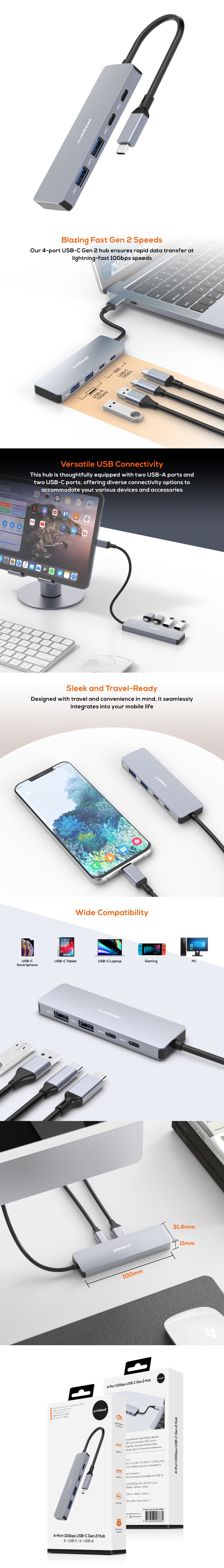 A large marketing image providing additional information about the product mBeat Elite 4-Port USB-C Gen 2 Hub - Additional alt info not provided